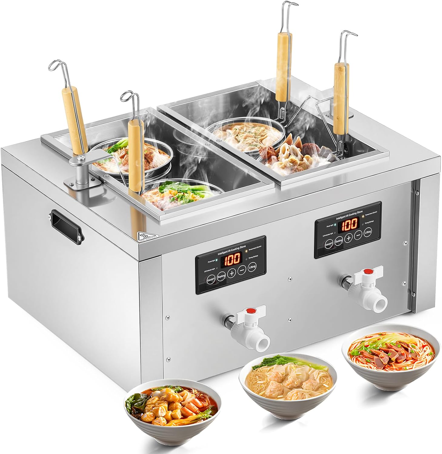 Moogiantgo 4 Baskets Auto-Lift Commercial Pasta Cooker Noodle Cooking Machine, 4000W Noodle Dumpling Maker Spaghetti Pasta Boiler 30-100℃ Adjustable For Spaghetti Ramen Ravioli Vegetable 110V