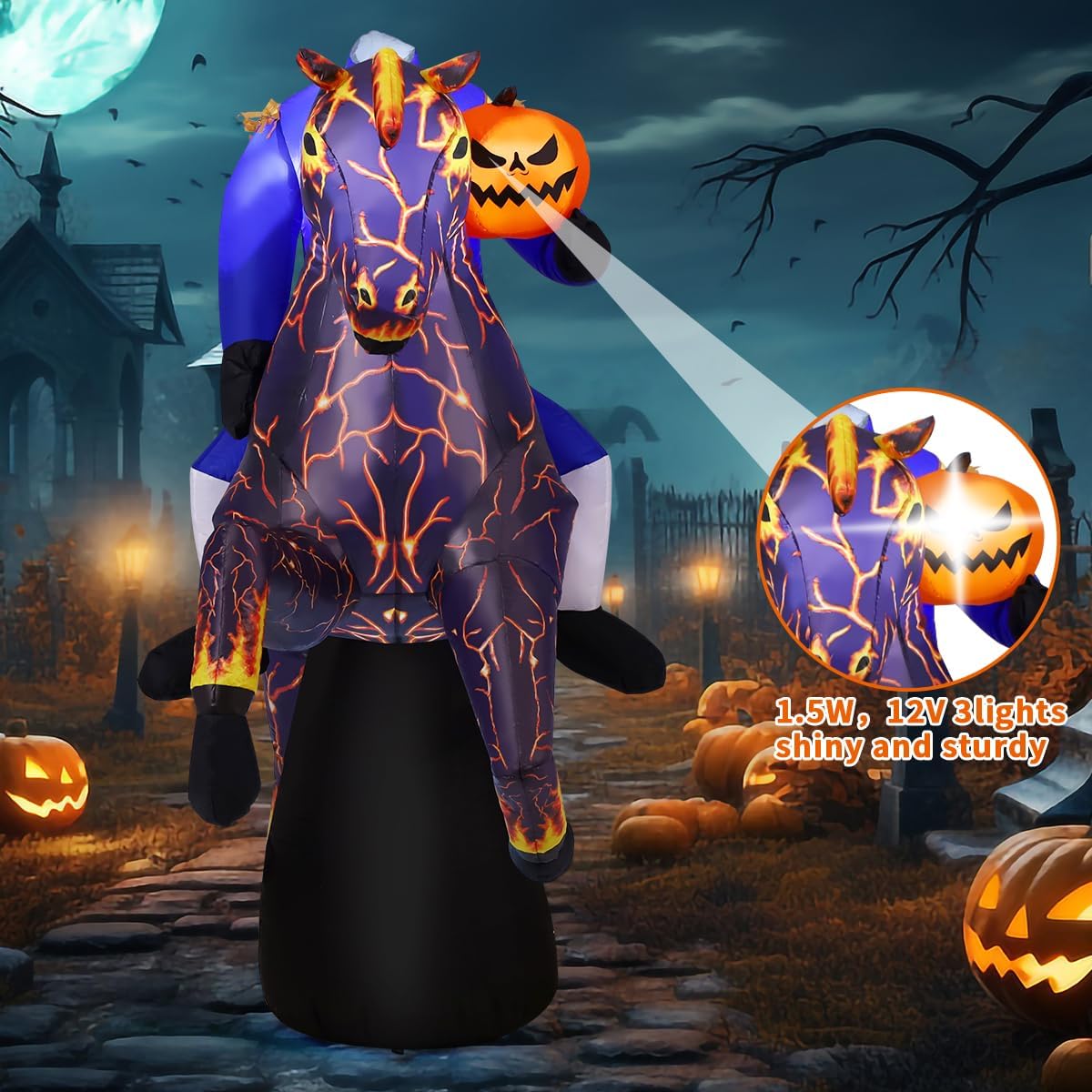 COMIN 6FT Long Halloween Inflatables Headless Horseman Outdoor Decorations Blow Up Lightning Horse Yard with Built-in LEDs for Indoor Party Garden Lawn Decor