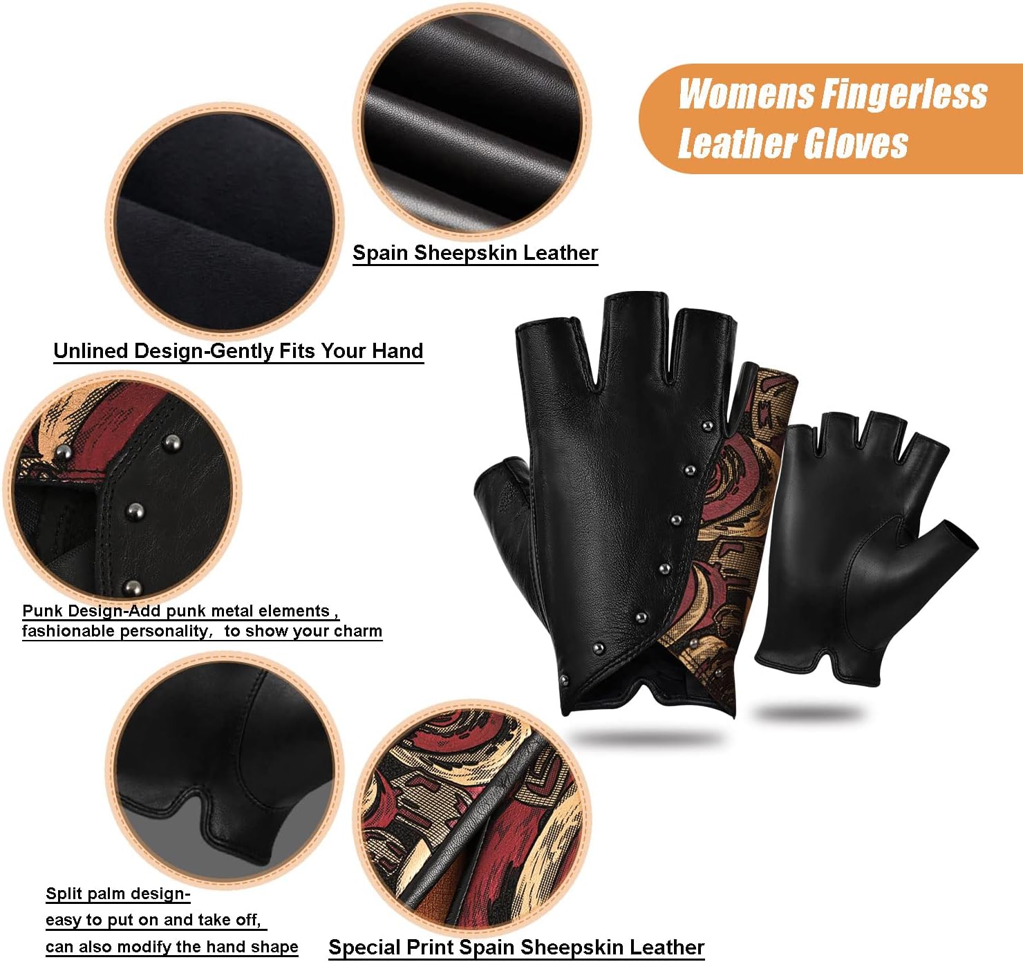 FIORETTO Womens Punk Fingerless Leather Gloves for Driving Motorcycle Unlined Half Finger Sheepskin W180416 - Image 3