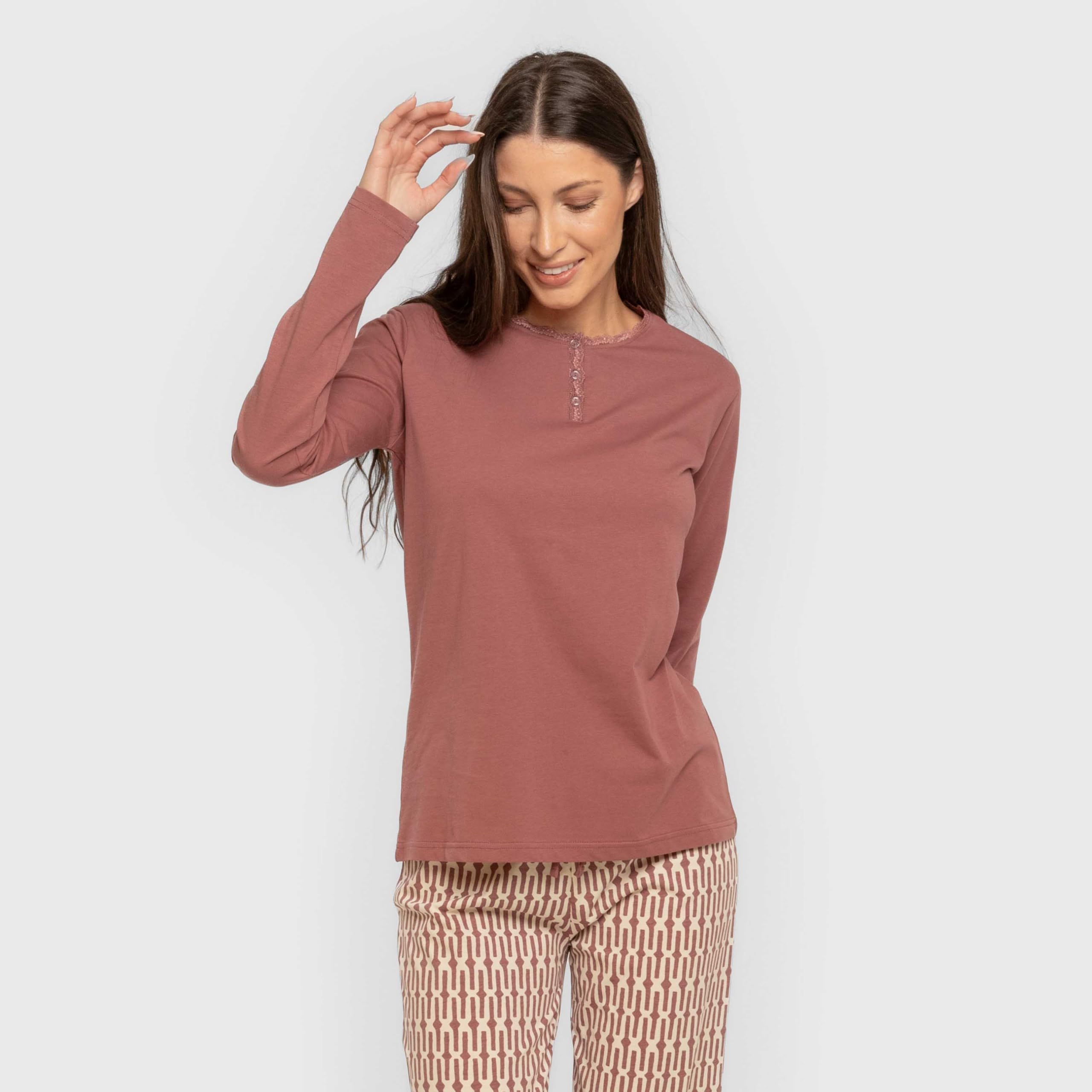 TRAMAS+ Pyjama 100% Coton pour Femme, Pyjama Long pour Femme, Ensemble t-Shirt à Manches Longues et Pantalon Long avec Taille Ajustable, Ensemble pour Femme