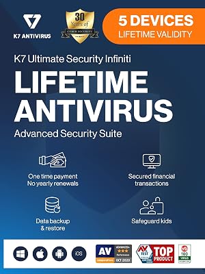 K7 Ultimate Security Infiniti Antivirus 2026 for Lifetime Validity | 5 Devices | Threat Protection,Internet Security,Mobile Security| laptop,PC, Mac®,Phones,Tablets,iOS | 2 hr Email Delivery