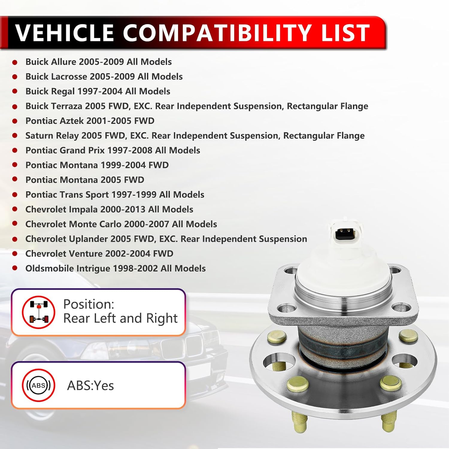 512150 Rear Wheel Hub Bearing Assembly for Buick Allure/Lacrosse/Regal/Terraza, for Pontiac Aztek/Grand Prix/Montana/Trans Sport, for Chevrolet Impala/Monte Carlo/Uplander/Venture, 5 Lug w/ABS