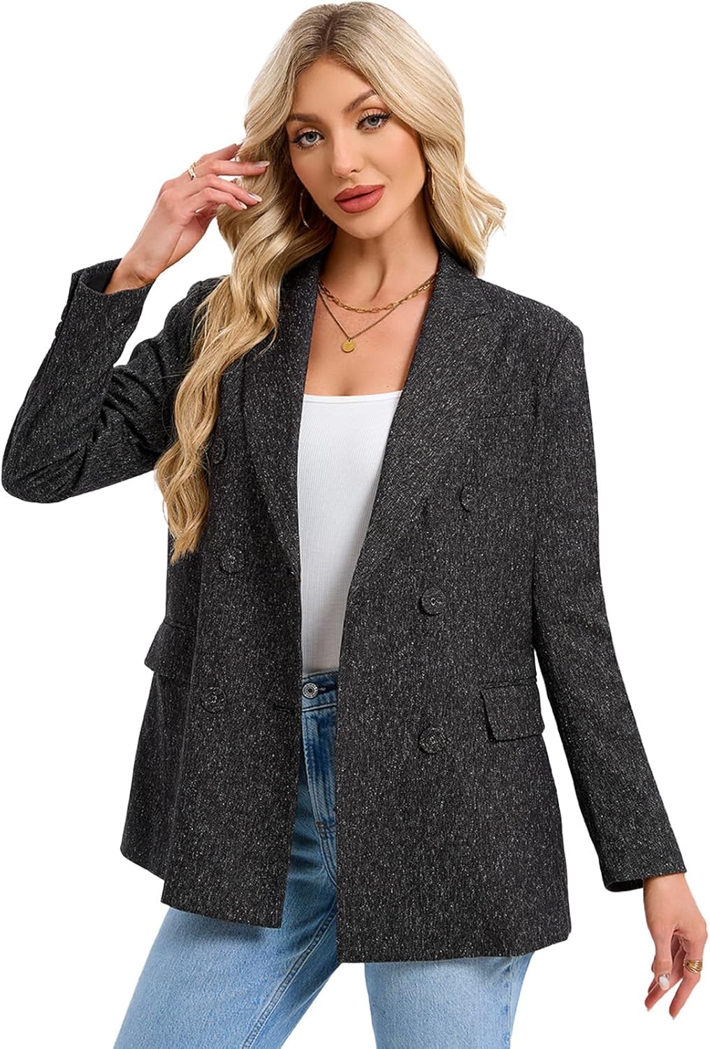 Women's Double Breasted Blazer Jacket Long Sleeve Notched Lapel Suit Coat with Flap Pockets for Work Office Business Casual - Image 2