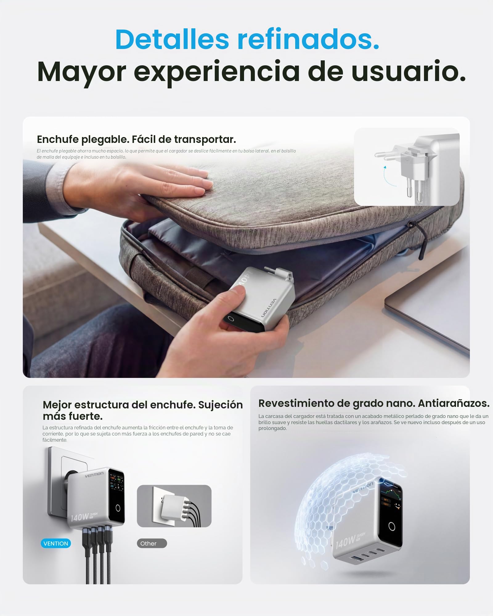 VENTION Cargador USB C 140W, Cargador GAN 5.0 de 4 Puertos con Pantalla TFT, Adaptador USB C de Viaje Rápido, Compatible con iPhone 15/16/17, MacBook Pro/Air, Argento Titanio