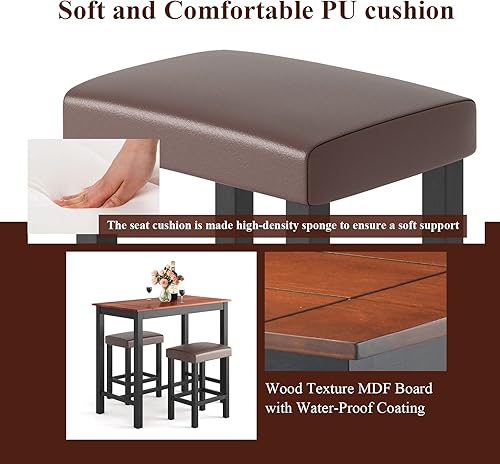 Miniatura 4 de COSTWAY Juego de mesa de comedor y sillas de 3 piezas, juego de mesa de desayuno de madera con 2 taburetes tapizados, juego de mesa de cocina de