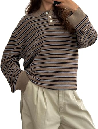 Yojeasrio Womens Rugby Polo Shirt Striped Long Sleeve Oversized Collared Pullover Rugby Sweatshirt Y2k Preppy Streetwear