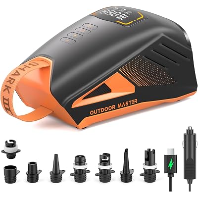OutdoorMaster Shark 3 Paddle Board Pump Electric - 3'50" Fast Inflation, 20PSI 74Wh Rechargeable SUP Air Pump- Auto-Off & Deflation, 12V/15.8V DC & Type-C Input, 8 Nozzles for Inflatables, Boats,Kites