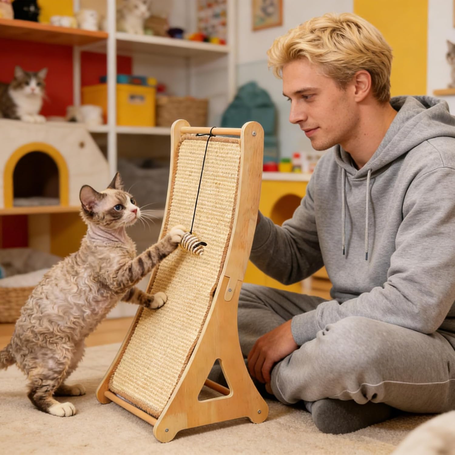 Cat Scratching Board - Cat Boredom Relief Furniture Protector Toy - Scratch-Resistant Ramp with Toy Ball - for Indoor Home Living Room Pets Kittens Rabbits Puppy Corner Floor