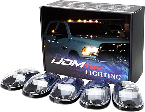 Miniatura 1 de iJDMTOY 5 lámparas de marcador de techo de cabina de lente transparente con tira completa de luces LED amarillas ámbar compatibles con Chevy Dodge,