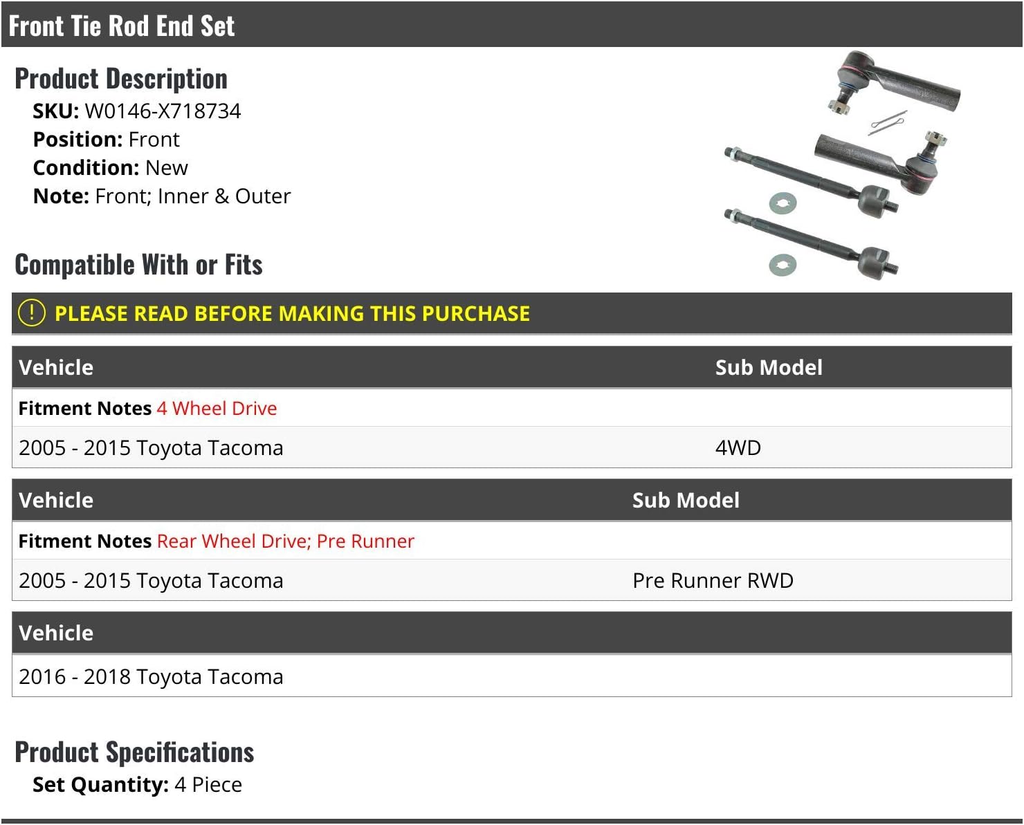 Front Inner and Outer Tie Rod End Kit - Set of 4 - Compatible with 2005-2018 Toyota Tacoma