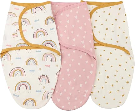 insular Baby Swaddle Sack Newborn and Infant Swaddle Blanket Adjustable Set for Boys and Girls Soft Cotton Baby Sleep Sack 3 Pack Rainbow&Pink Love, Small0-3M