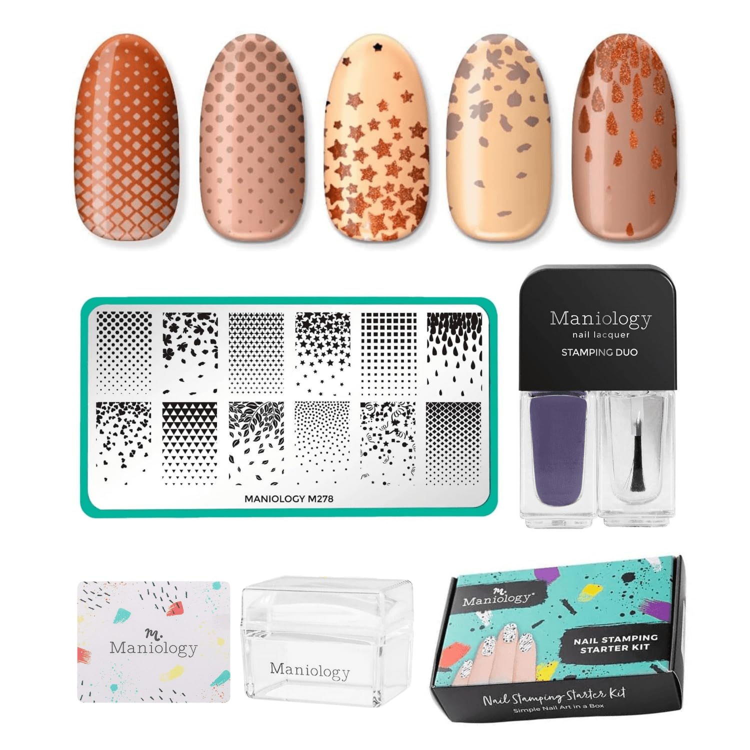 Maniology Timeless Gradients Nail Stamping Starter Kit | Classic Gradient Nail Art, Elegant Ombre Patterns & DIY Manicure Designs – Includes Stamping Plate, Polish, Top Coat, Stamper & Scraper Card
