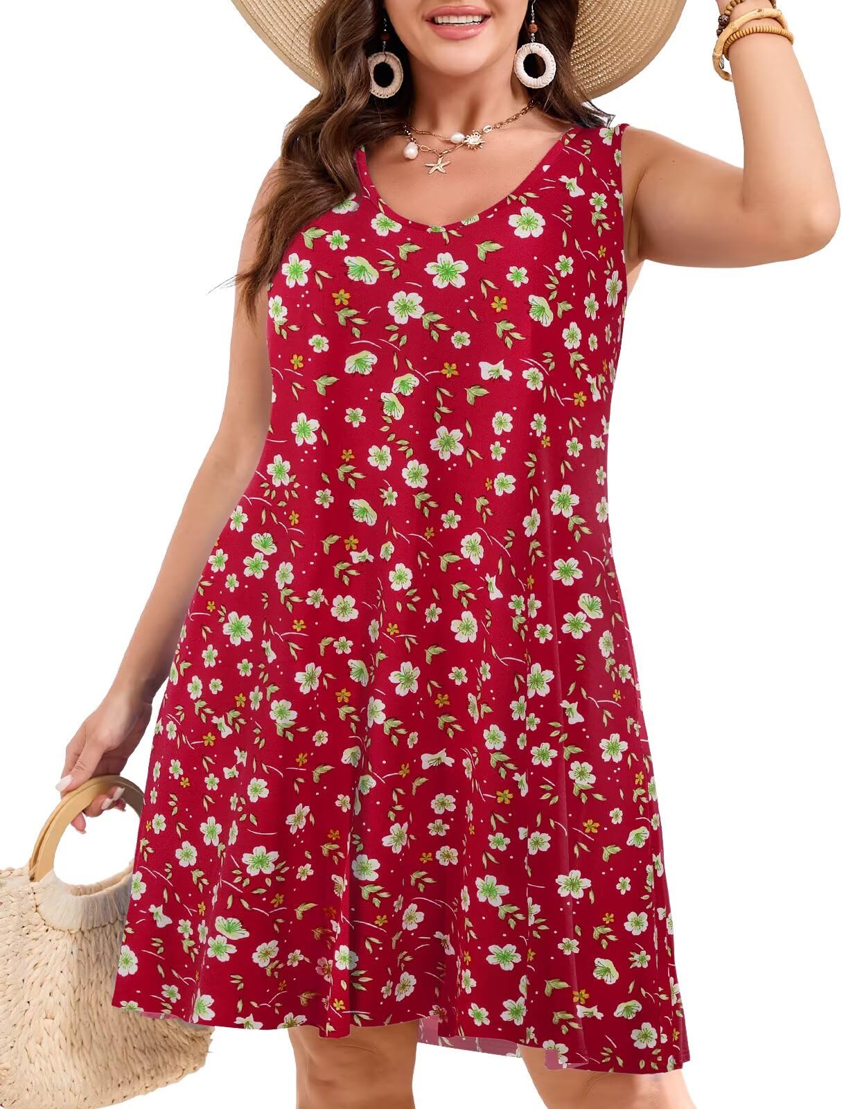 JollieLovin Women Plus Size Curvy Summer Tank Sun Dresses Sleeveless Causal T-Shirt Dress Beach Swing Cover up(L-5X)
