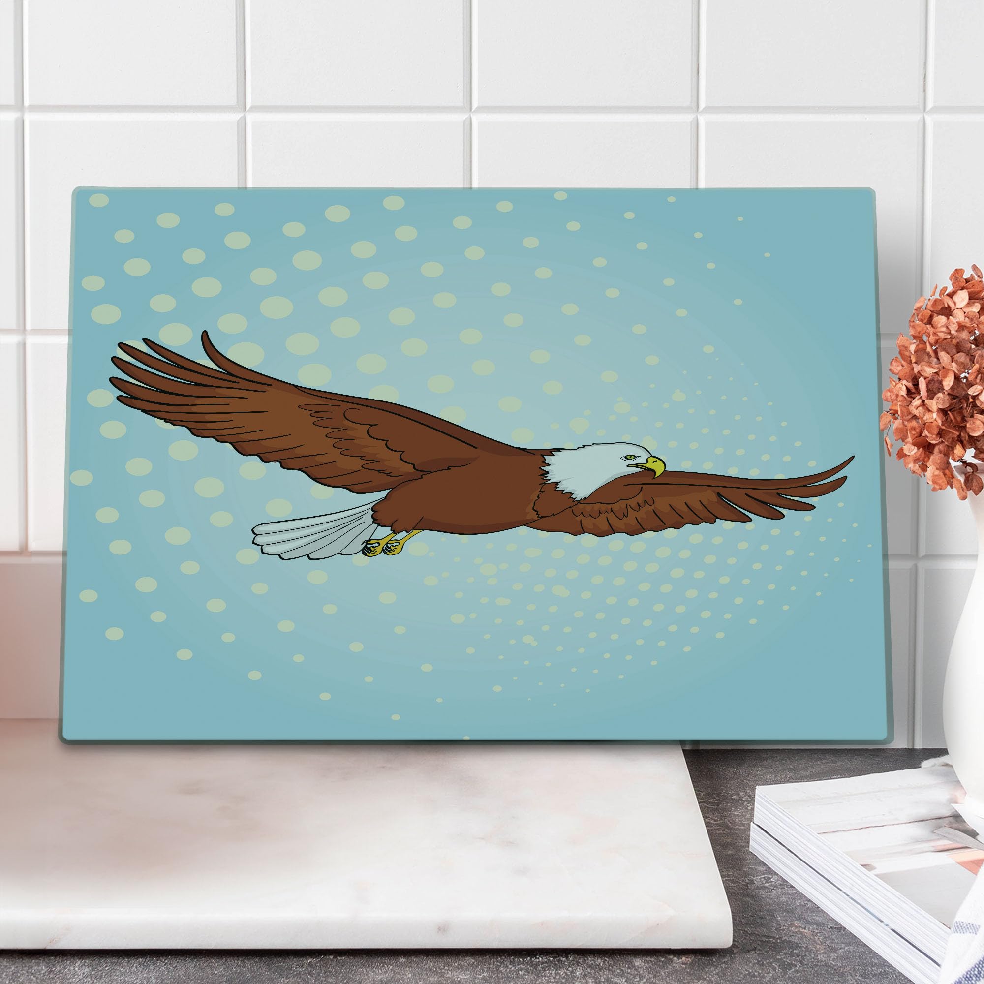 AmbesonneEagle Cutting Board, Pop Art Half Toned Background Falcon Retro Comic Style Illustration, Decorative Tempered Glass Cutting and Serving Board, Large Size, Pale Blue Cinnamon
