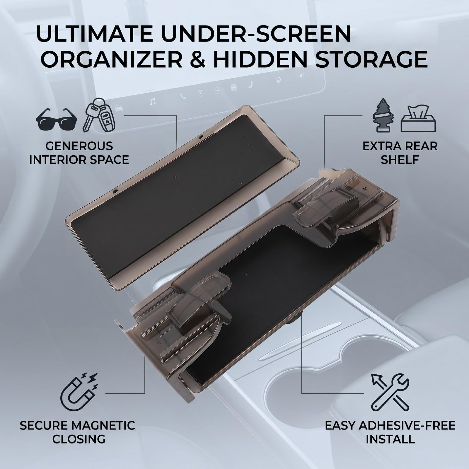 Tbest Vassoio Organizer sotto Schermo, Contenitore con Apertura e Chiusura Magnetica for Scrivania e Monitor | Tappetini antiscivolo in ABS e silicone, ricambio per 3 Y Juniper 2025