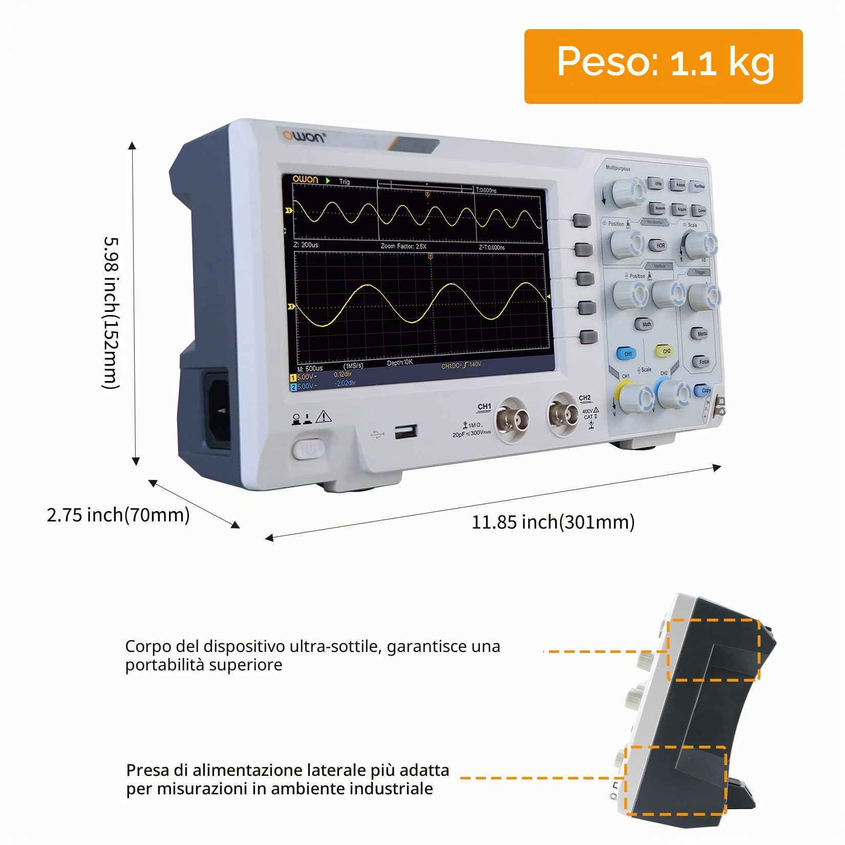 OWON SDS1102 Oscilloscopio digitale con 2 canali, frequenza di campionamento 1GS/s, LCD ad alta risoluzione da 7 pollici, larghezza di banda 100MHZ, kit oscilloscopio professionale portatile