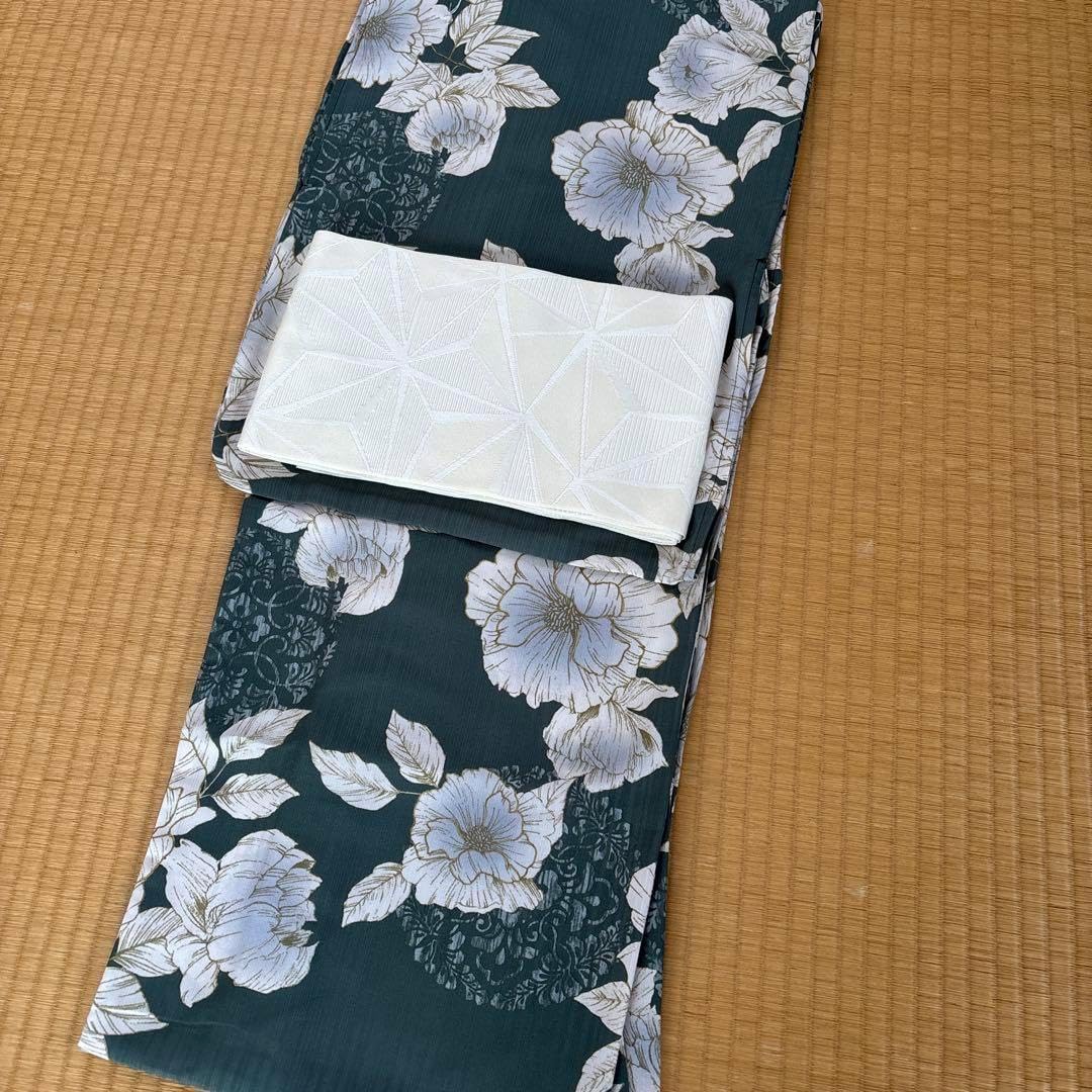 白芍薬浴衣 麻の葉半幅帯セット 大人ゆかた 、 深緑