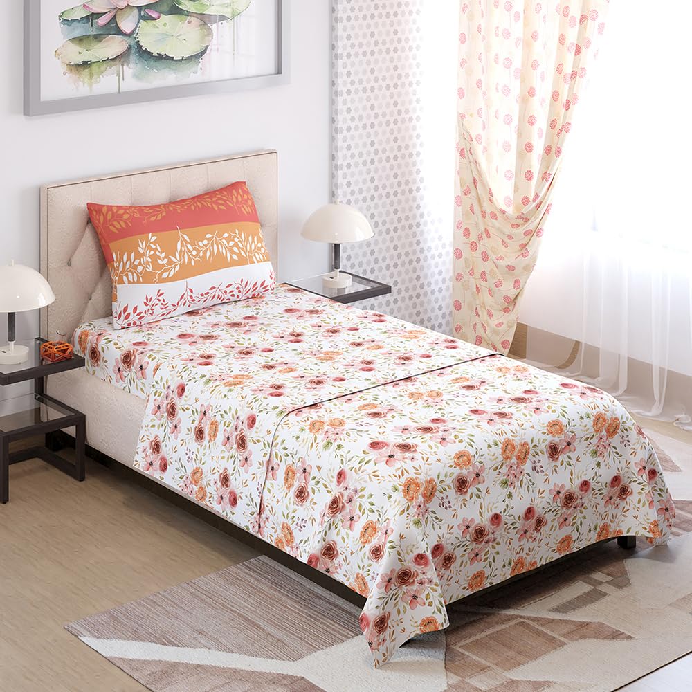 COLOR SENSE Light Weight & Durable Bedsheet Set for Single Bed | 1 Wrinkle Resistant Single Bed Sheet & 1 Pillow Cover | Orange Size – 59 x 87 inches | Floral Print, Orange COLOR SENSE Light Weight & Durable Bedsheet Set for Single Bed | 1 Wrinkle Resistant Single Bed Sheet & 1 Pillow Cover | Orange Size – 59 x 87 inches | Floral Print, Orange