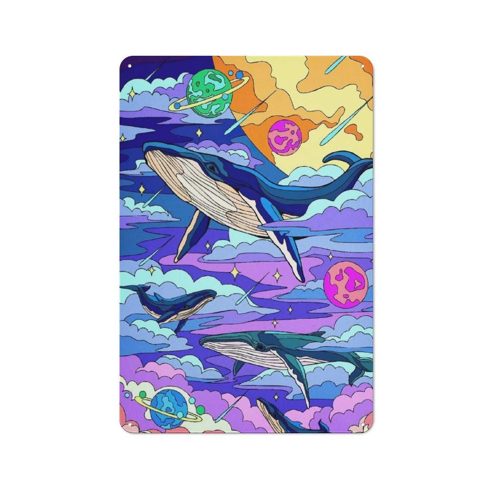 Junmoney Whales Space Animal Tin Wall Plaque 30X20cm With For Workshop Wall, Suited To Makers And Diy Enthusiasts