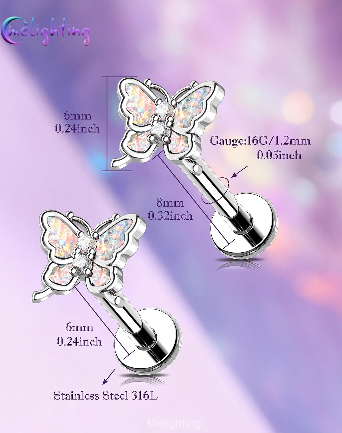 MeIighting 16G Butterlfy Threadless Helix Stud, Stainless Steel 316L Flat Back Earring, Cartilage Piercing Jewelry Clear CZ Lobe Tragus Piercing for Women 6/8 mm