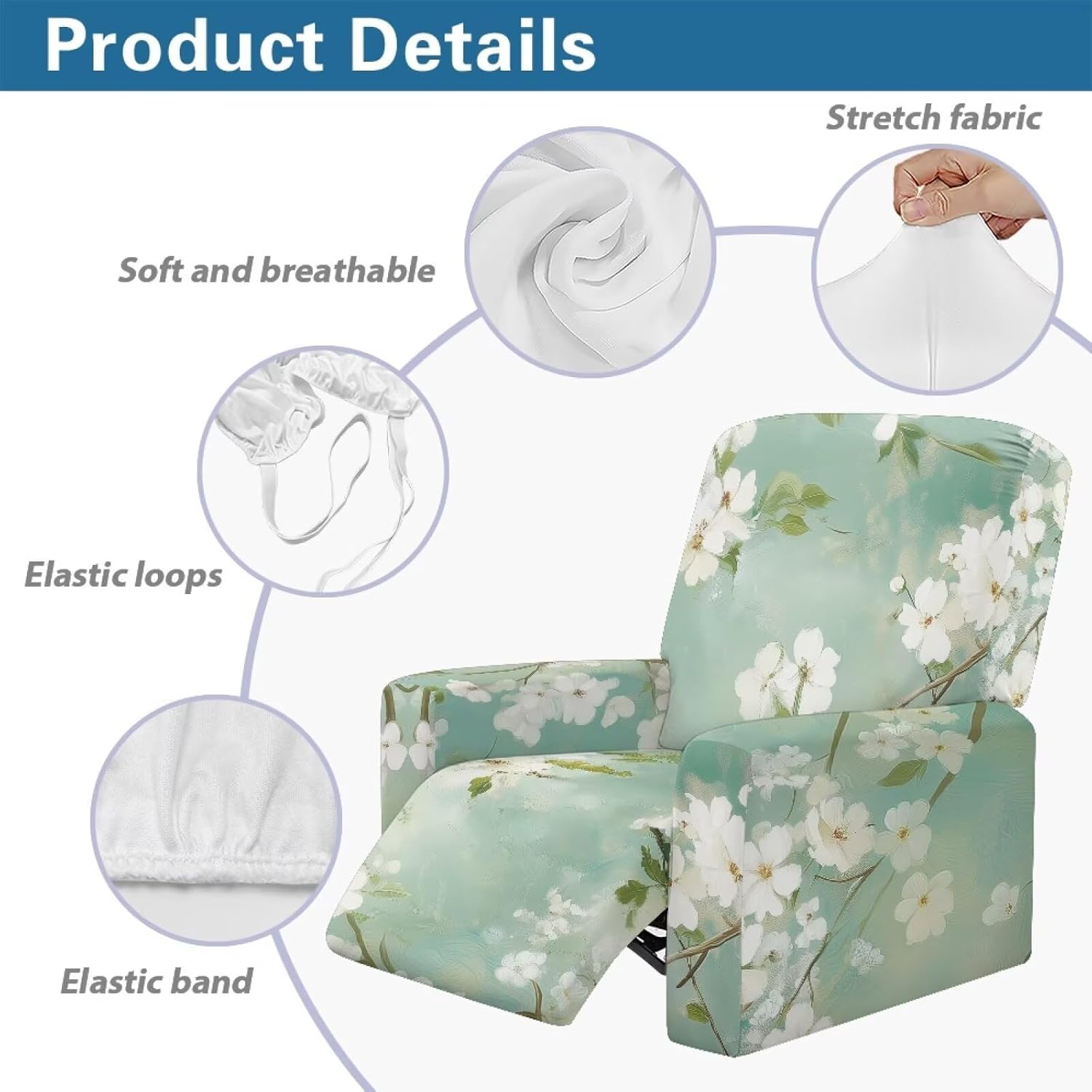 FOR U DESIGNS Floral White Green Recliner Chair Cover Set of 4 Pieces with Storage Pockets Non Slip Reclining Furniture Protector Washable Stay in Place for Single-Seater Use