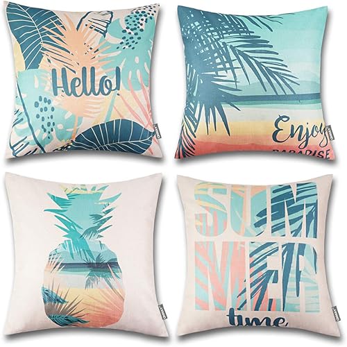 ONWAY Juego de 4 fundas de almohada decorativas con temática de playa de 18 x 18 pulgadas, diseño de Hello Summer para decoración de fiesta de patio