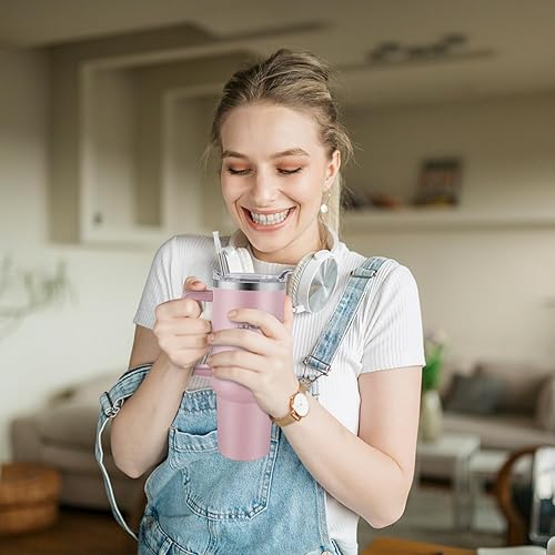 Miniatura 7 de Vaso de 40 oz con asa y tapa con popote, de viaje, 100% a prueba de fugas, con aislamiento, de acero inoxidable, para bebidas frías (34 horas) o