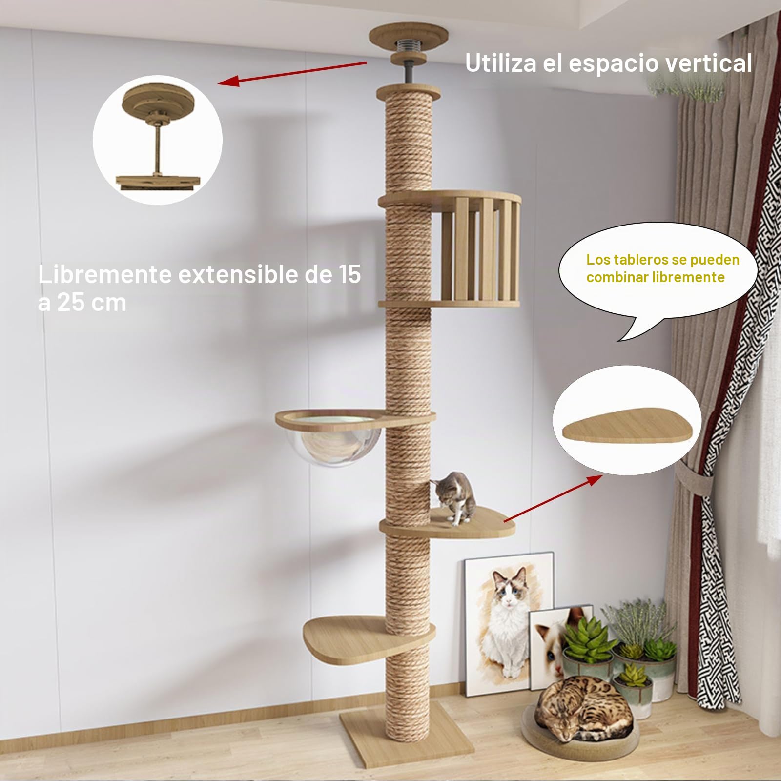 Árbol para gatos de suelo a techo, altura ajustable, 240-250 cm, con poste rascador de 11 cm de diámetro, hamaca para gatos, resistente y duradero