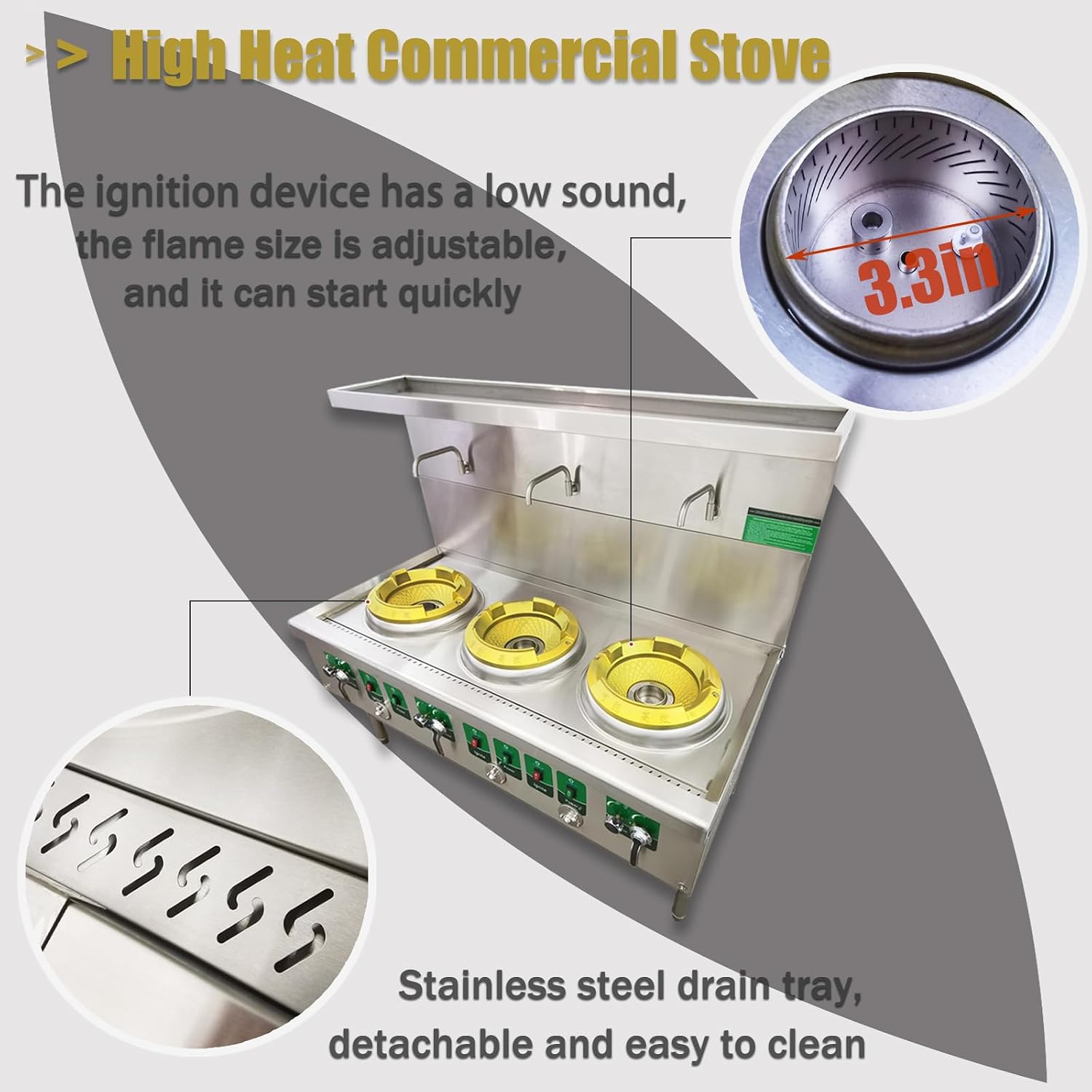 TECHTONGDA Commercial Gas Stove Chinese Wok Range Burner Stainless Steel 13" Cooker Triple Stove with Fan and Faucet High Heat LPG and Natural Gas Wok for Chinese Cuisine