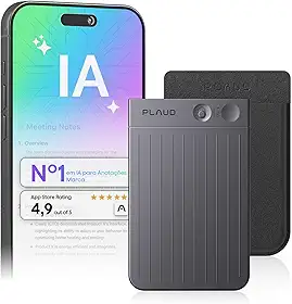 Gravador de voz com IA, gravador de áudio Plaud Note c/capa, controle de aplicativo, transcrição e resumo com tecnologia de IA, suporte a 112 idiomas (Note preta com estojo preto)