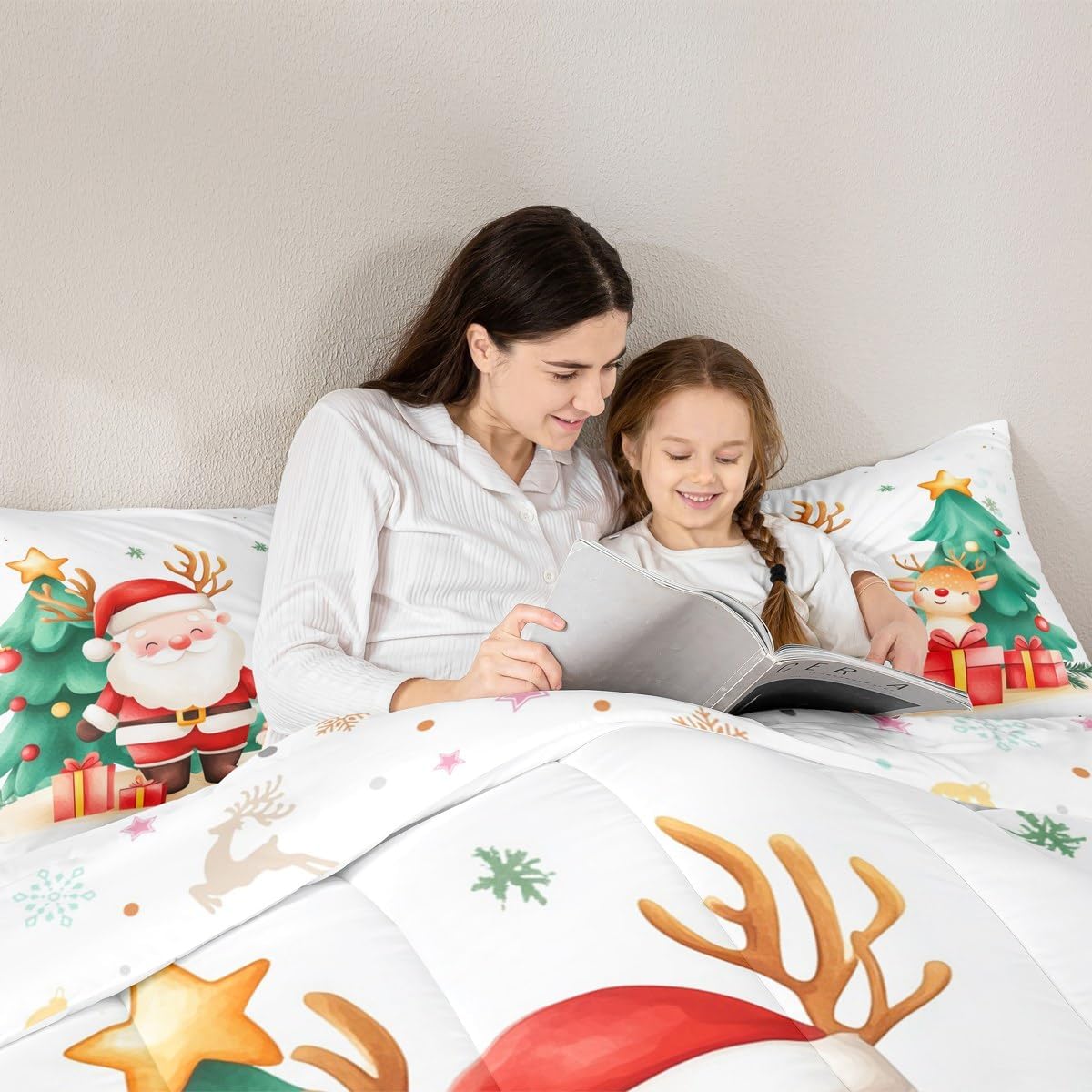 Erosebridal Cartoon Christmas Comforter Set Queen Size,Santa Claus Xmas Bedding Cute Reindeer Elk Bed Set for Kids Teen Boys Girls Merry Xmas Tree Duvet Quilt
