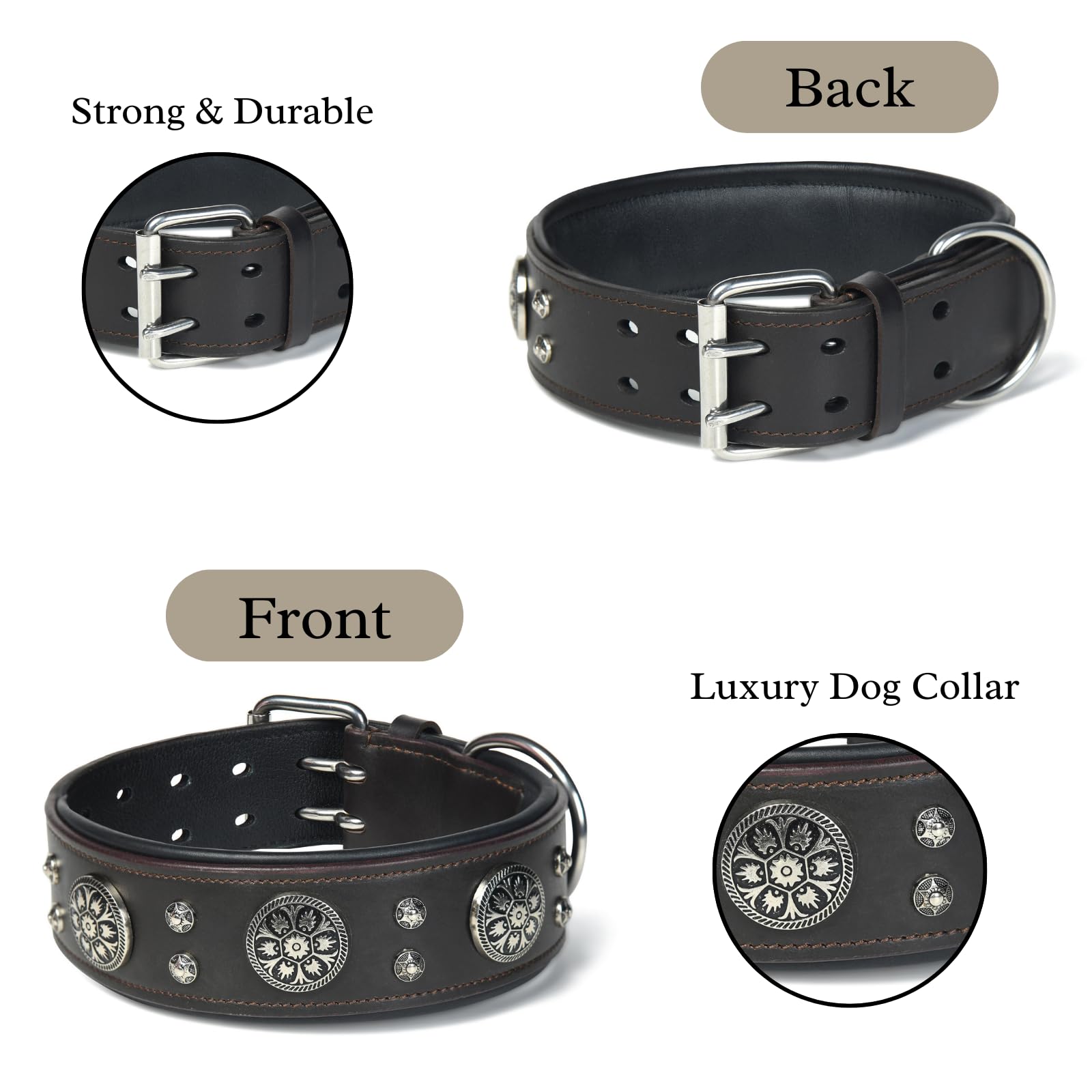 Handgefertigtes Hundehalsband aus echtem Leder, 5,1 cm breit, strapazierfähig, weich und luxuriös, Western-Design mit Doppelzinken-Schnalle, ideal für große und mittelgroße Hunderassen, Braun, Größe M