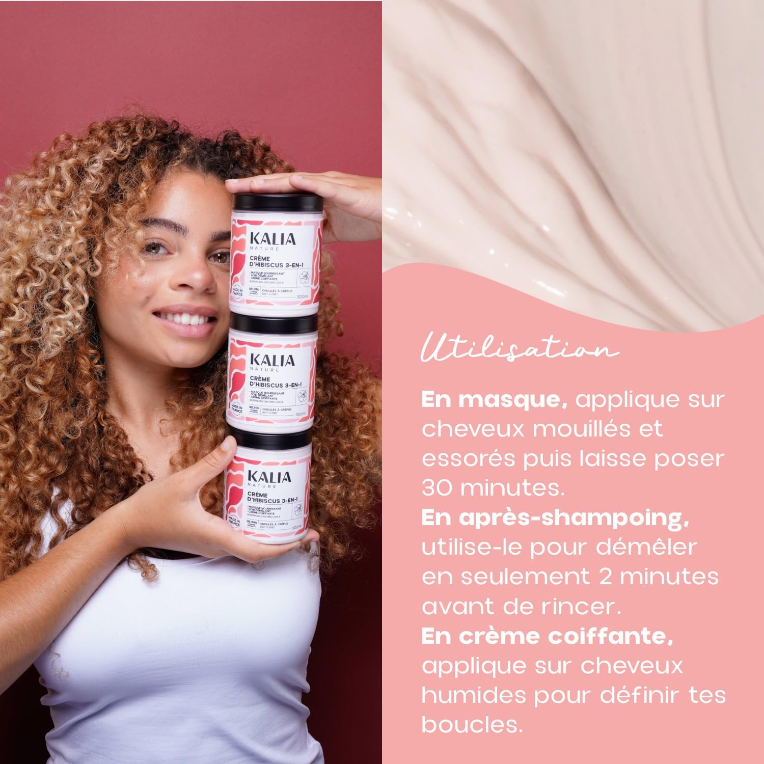 Kalia Nature - Crème d’Hibiscus 300 ml - Crème cheveux bouclés 3-en-1 - Leave in - Nourrit, démêle et revitalise - Soin capillaire naturel cheveux ondulés, bouclés, frisés, crépus