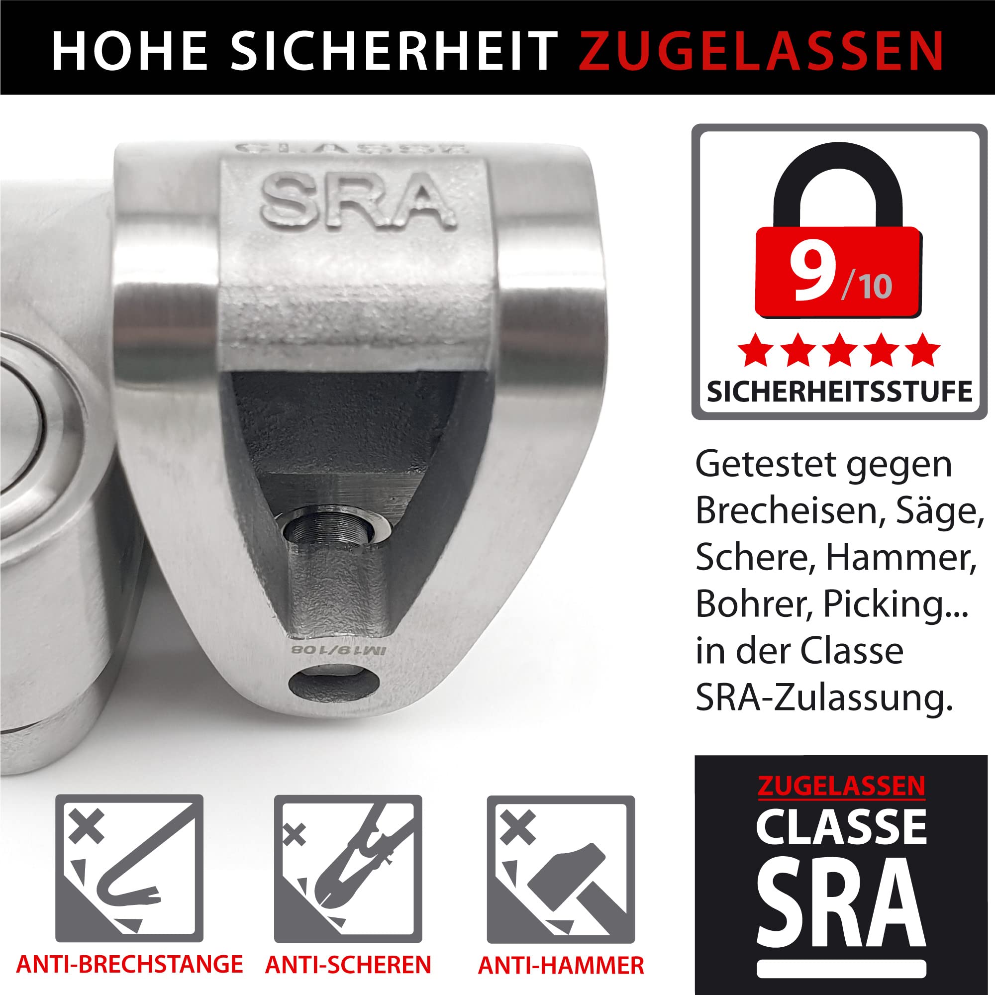 KRASER KR110S Bremsscheibenschloss mit SRA Zulassung, Motorrad Diebstahlsicherung, 10mm Doppelverschluss, 3 Schlüssel + Erinnerungskabel, Rostfreier Stahl, 10 mm