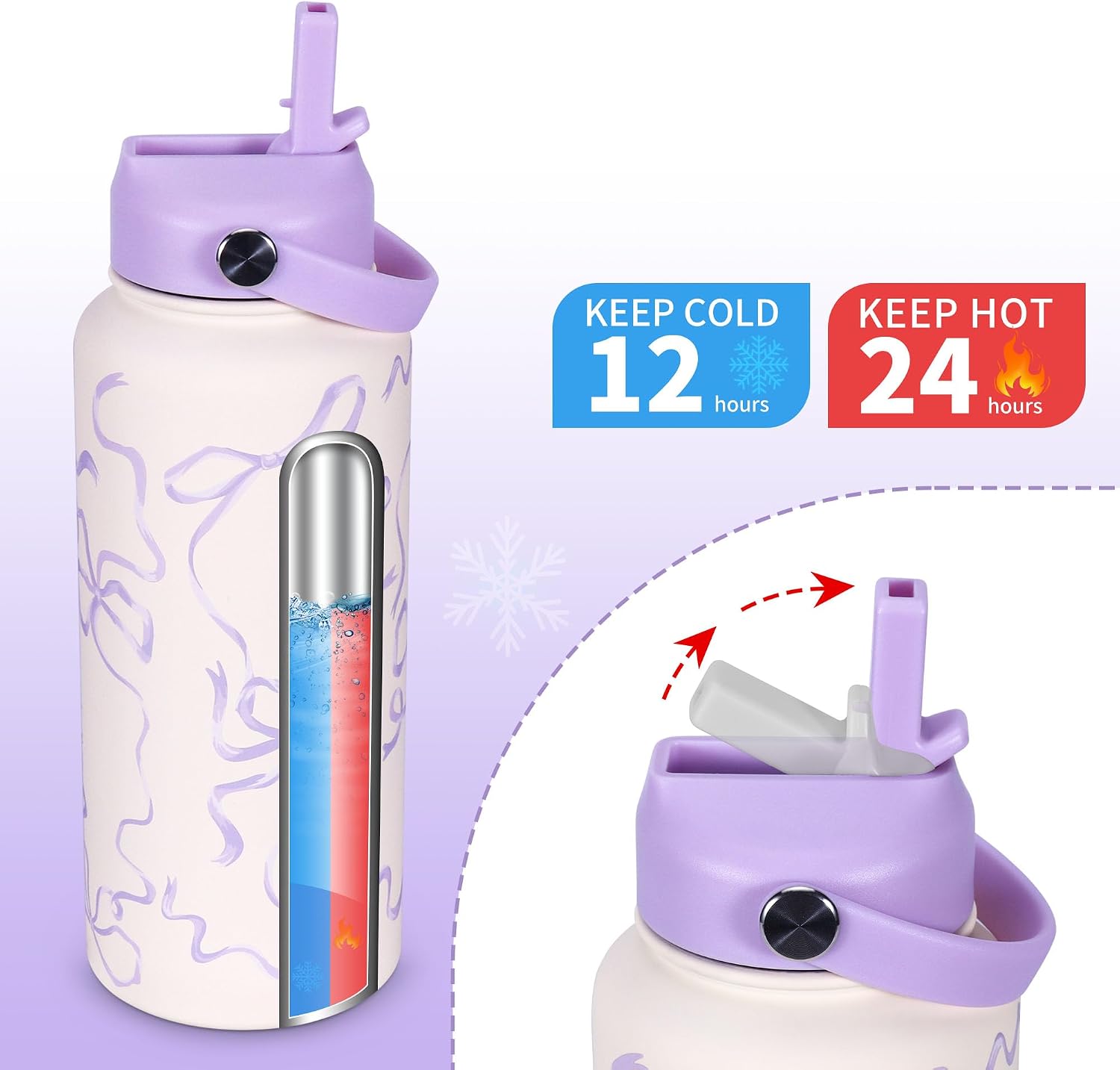 Goetland Ribbon Water Bottle with Straw Lid 32 oz Stainless Steel Wide Mouth Vacuum Double Insulated Drinking Cup Cute Leakproof UV Printing For Women Girls Lavender