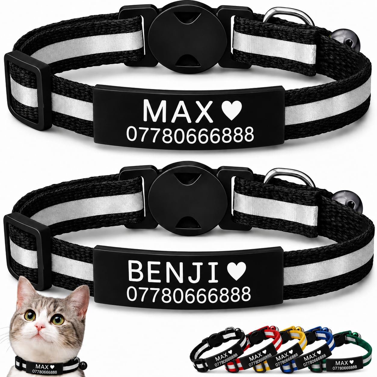 2 Pack Personalised Cat Collars with Engraved ID Plate, Name & Phone Number, Reflective Breakaway Safety Buckle, Adjustable Cat & Kitten Collar Set (Black, Black Name Plate)