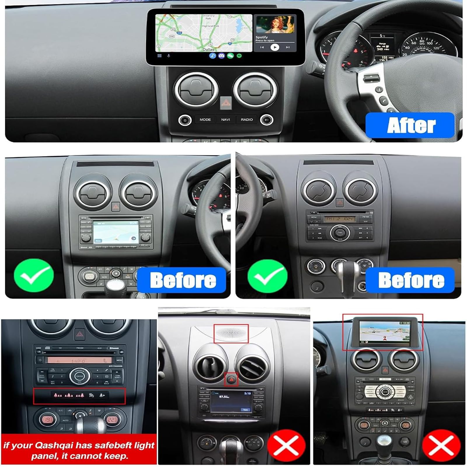 Radio Samochodowe Stereo Do Nissan Qashqai 2006-2013 Z 12,3-calowym Ekranem Dotykowym HD IPS Radiem Z Wireless CarPlay Android Auto Nawigacją GPS Bluetooth Mirrorlink FM/RDS SWC EQ I Kamer(Color:M100)