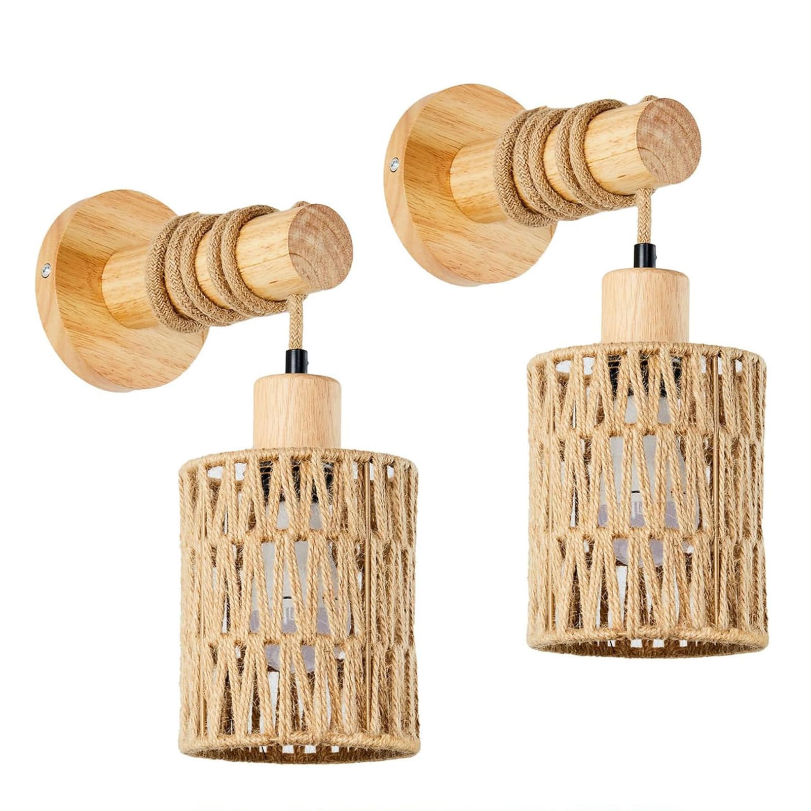 Aplique Rattan Boho, Lámpara de Pared Colgante Mimbre, Lámpara Laternas Madera Rústica, Set de 2 para Dormitorio, Sala Estar, Pasillo, Entrada, Decoración Granja,B