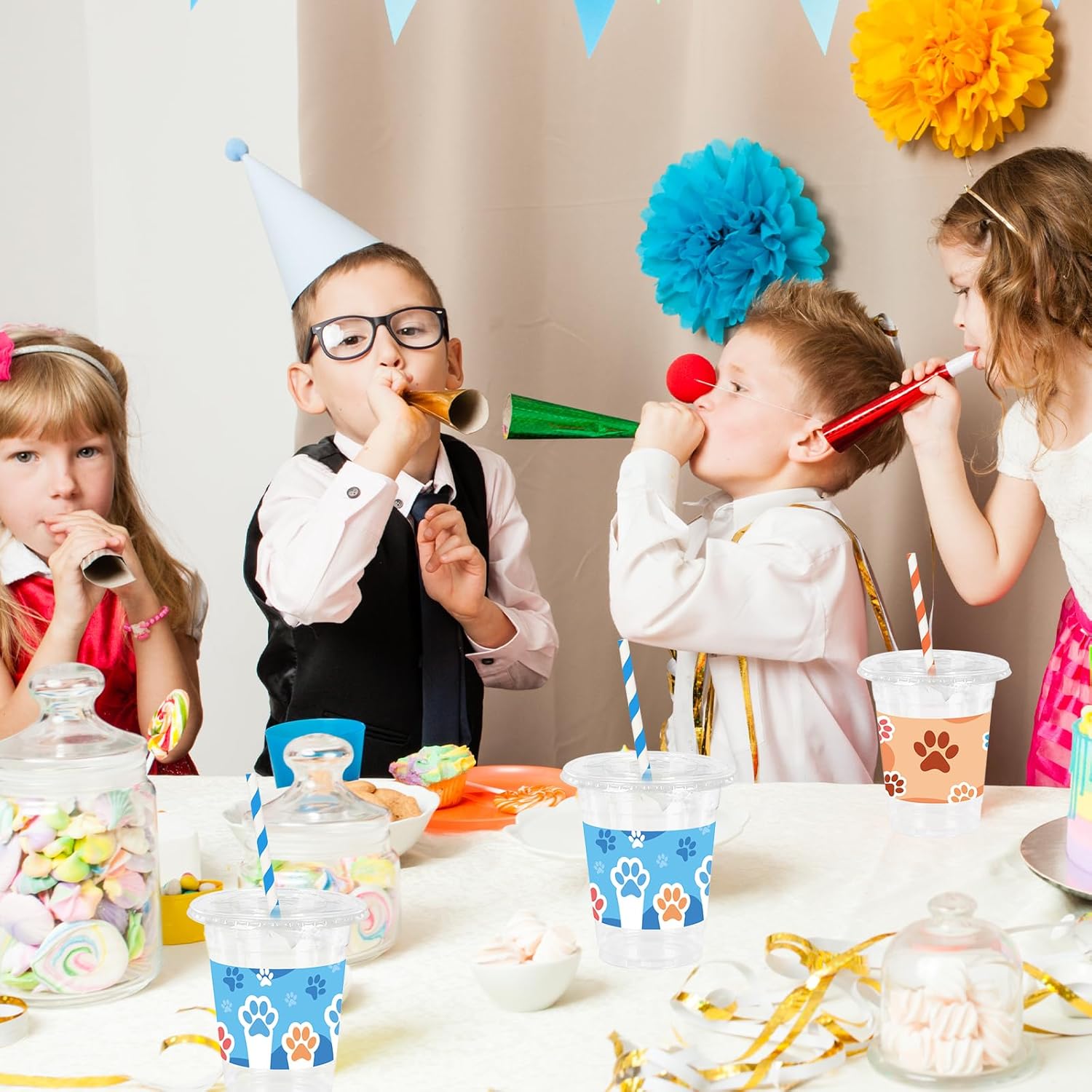 Whaline 50Pcs 12Oz Dog Paw Plastic Cups with Lids & Straws Blue Orange Paw Print Disposable Drinking Cups for Birthday Baby Shower Party Supplies - Image 5