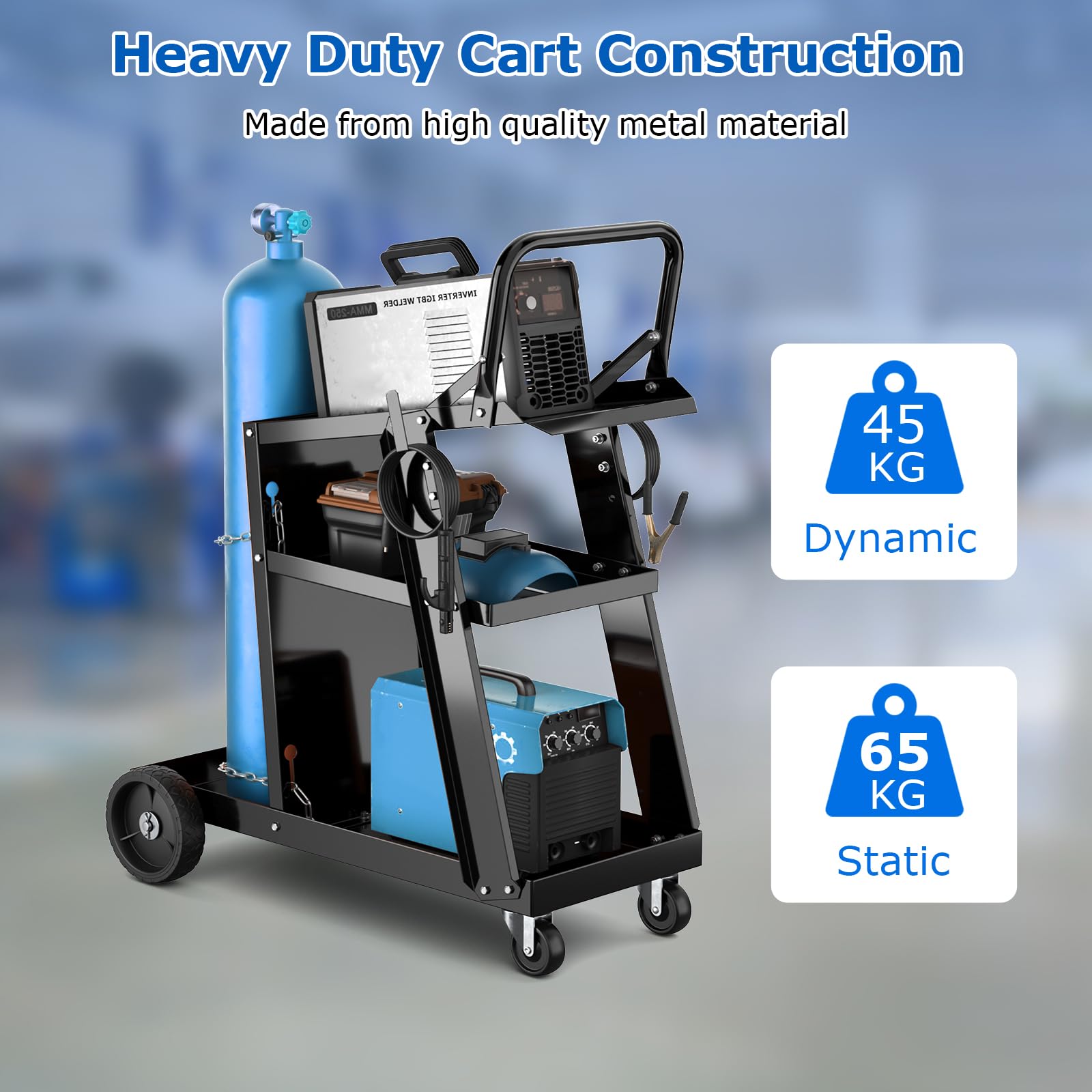 SOARS - Carro de taller para almacenamiento de herramientas de 3 niveles, con 2 cadenas de seguridad y bandeja inferior, 2 ganchos laterales, carga 50 kg, 70 x 38 x 87 cm, para taller, garaje