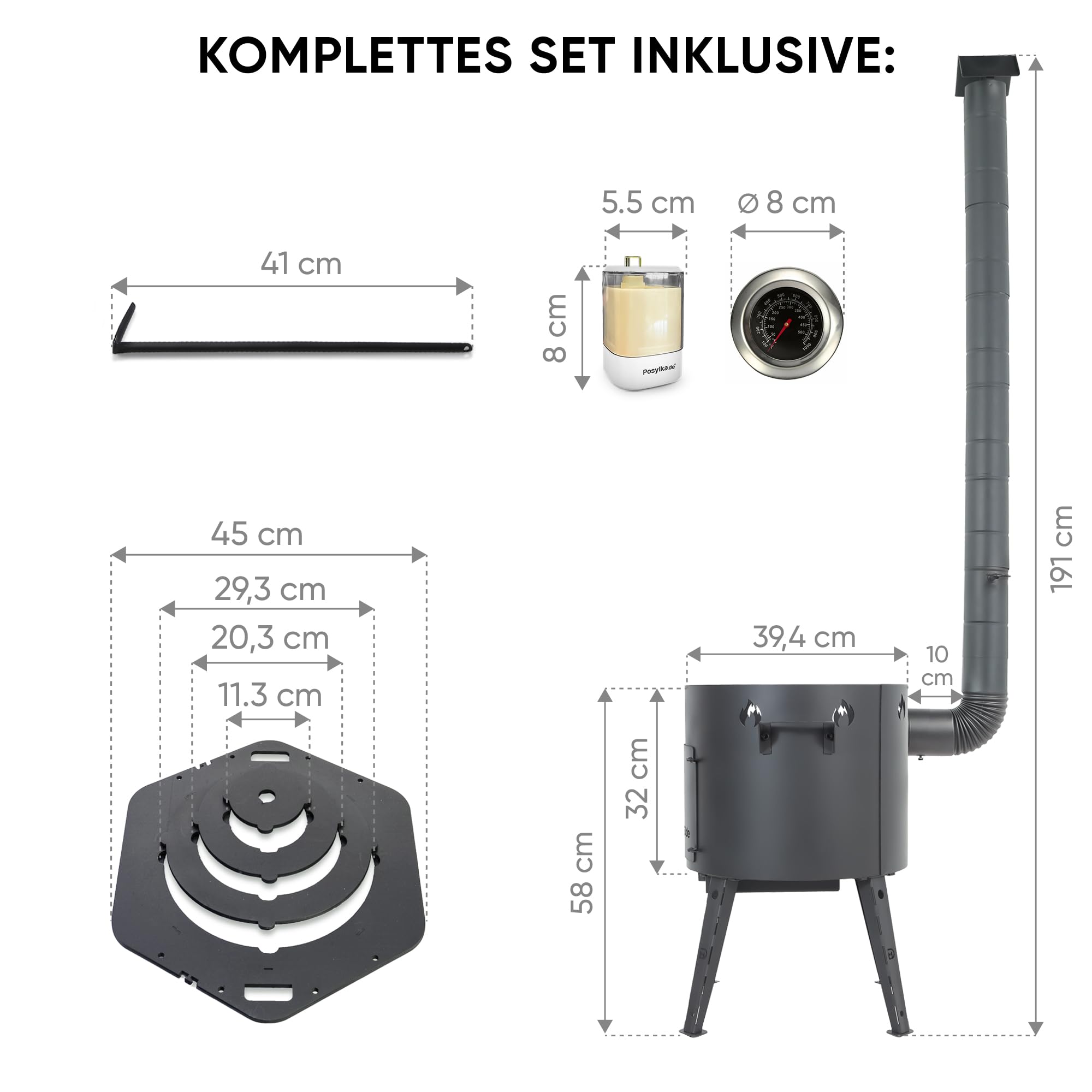 Set mit Utschak-Ofen I Abzugsrohr I Ofenplatte sechseckig oder rund, Schornsteinverlängerung I Zahnstocherspender I Thermometer (sechseckige Platte)