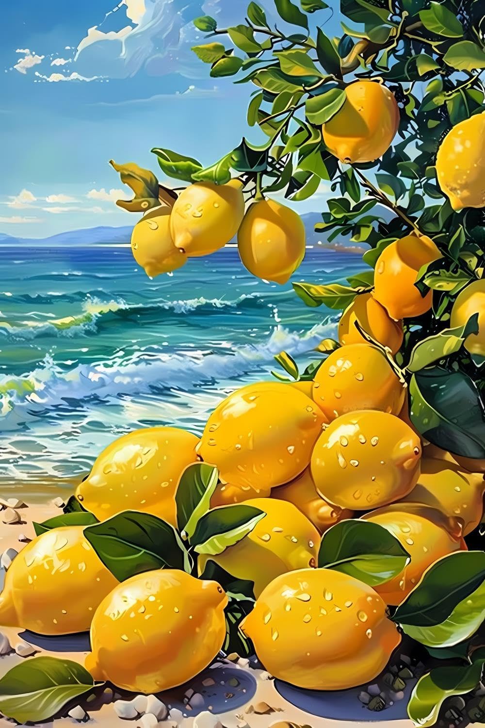 DIY 5D Diamond Painting Kits for Adults Diamond Art Fresh Lemons on The Beach Rhinestone Diamond Embroidery Lemon Craft Kits for Living Room Bedroom Wall Decor Gift 18x24 inch