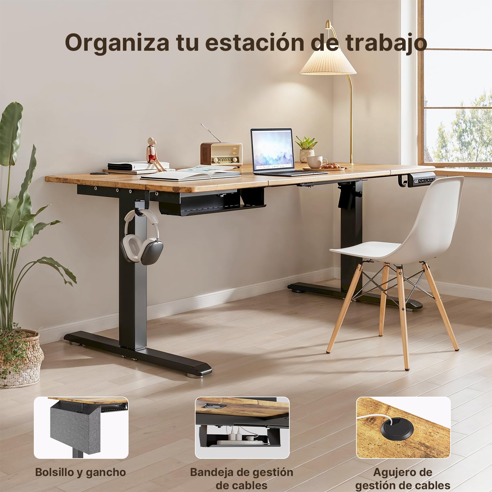 Xbro Escritorio Elevable Eléctrico 120 x 60 cm, Escritorio Ajustable en Altura con 3 Memorias, Mesa Elevable con Bandeja para Gestión de Cables, Bolsillo de Almacenamiento y Ganchos Laterales