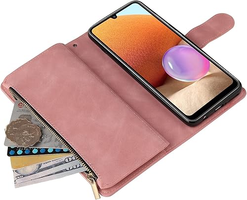 Miniatura 6 de LBYZCASE Funda de piel tipo cartera para Samsung Galaxy A32 5G, con ranuras para tarjetas, bolsillo con cremallera, correa para la muñeca, soporte y
