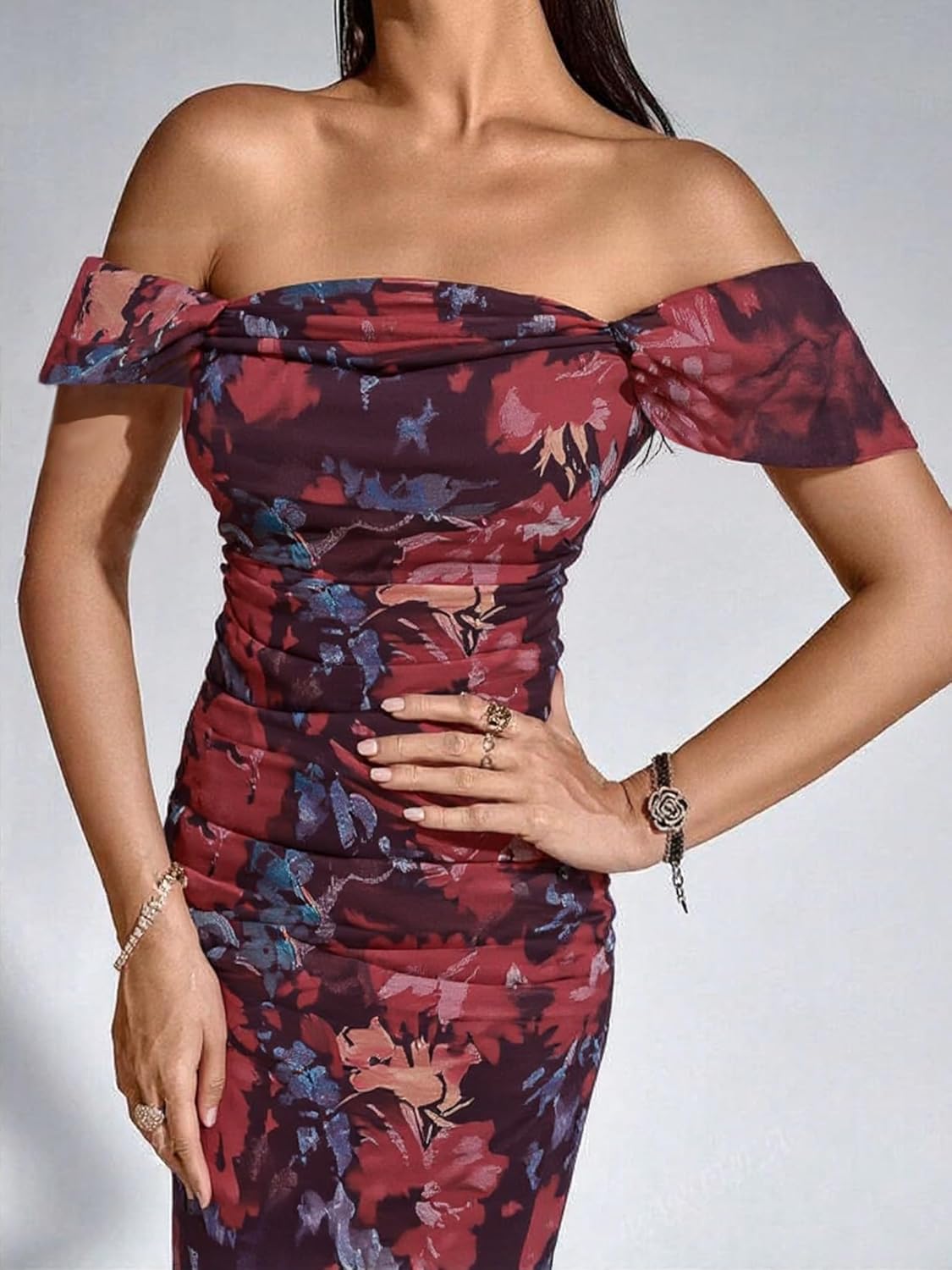 DERAX Womens Floral Print Off Shoulder Bodycon Maxi Dress Mesh Long Sleeve Ruched 2026 Spring Long Dresses - Image 6