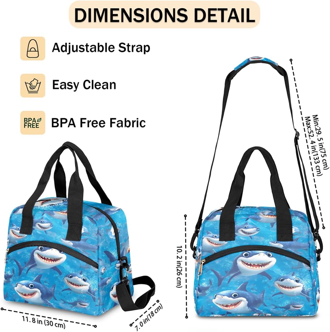 Cartoon Blue Shark Lunch Bag for Women Girls, Reusable Insulated Lunch Tote Bag with Shoulder Strap, Carry On Lunchbox Thermal Cooler Lightweight Handbag for Kids Adult School Work Office Picnic