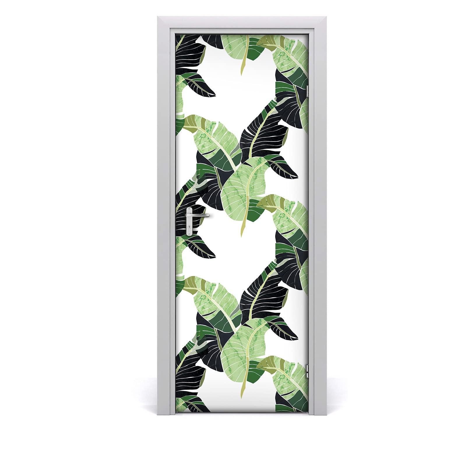 Papier peint sur la porte feuilles de palme pour créer un salon tropical zen