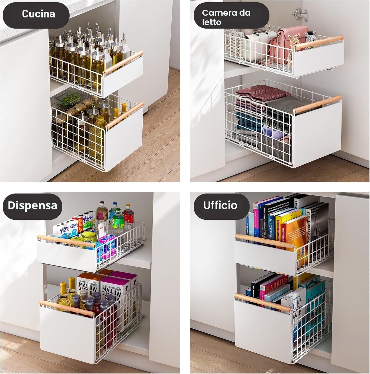 2 cassetti telescopici da cucina, cassetti estraibili, organizer per cassetti più profondi, con guide per e manico in legno, per mobili da cucina, senza fori (bianco)