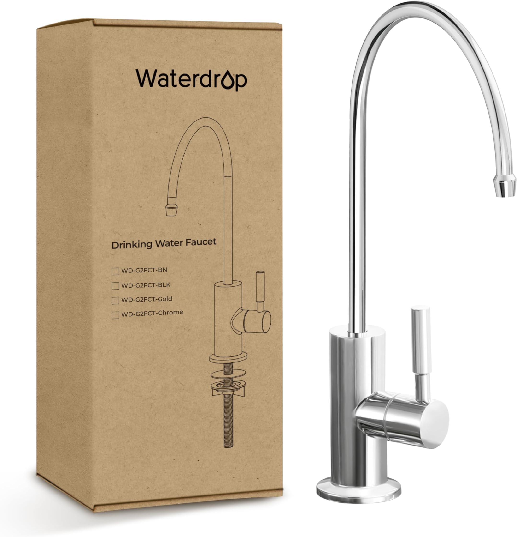 Waterdrop G2FCT-Chrome Drinking Water Faucet, Reverse Osmosis Faucet, Water Filter Faucet for Kitchen Bar Sink, Single Handle, Easy to Install, Lead-Free, Stainless Steel, Polished Chrome