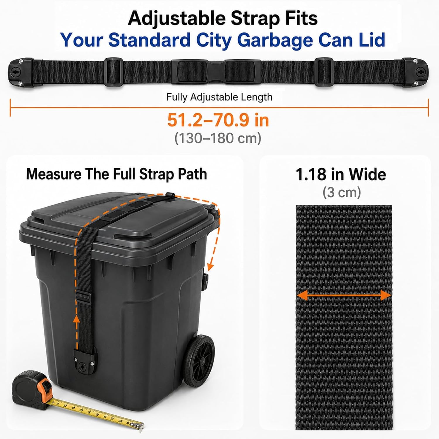 Trash Can Lid Lock, 51.2-70.9 in Adjustable Nylon Strap, Black Screw-On Kit